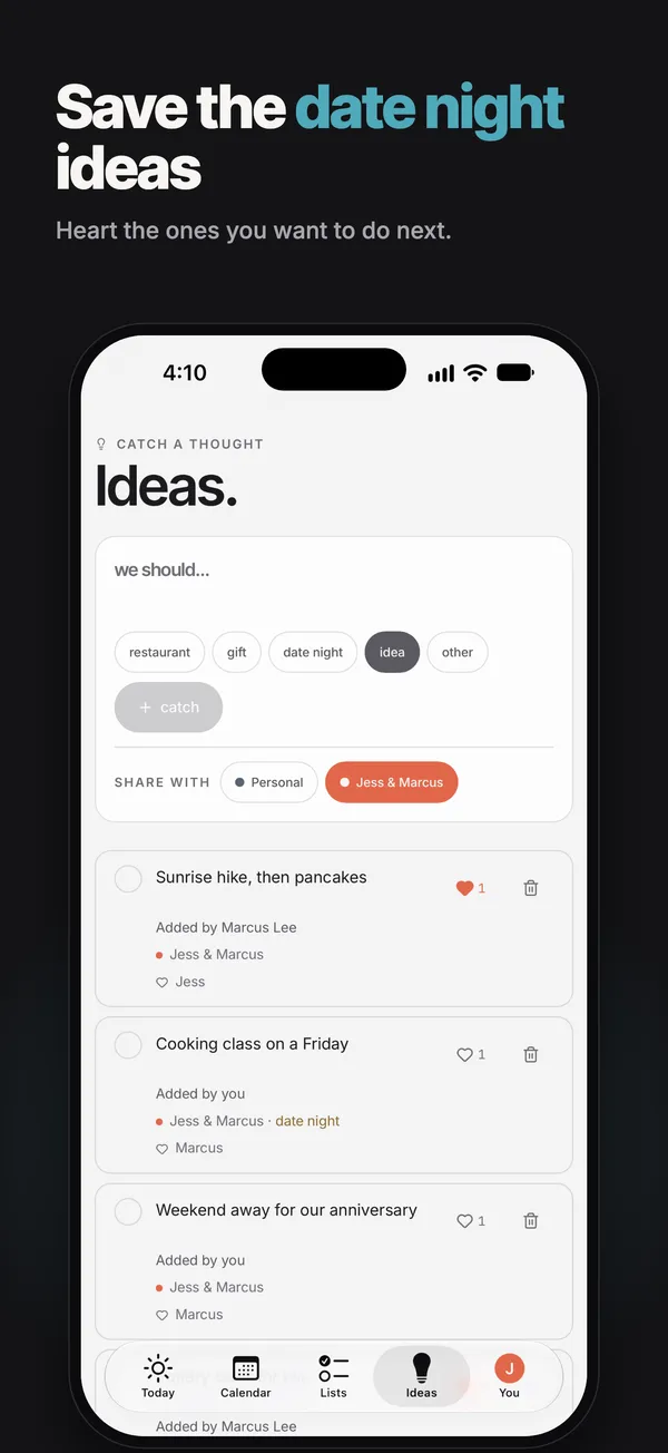 Houseful’s Ideas screen with date night ideas that each partner has hearted