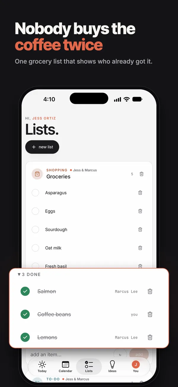 A shared Houseful grocery list showing which partner got each item