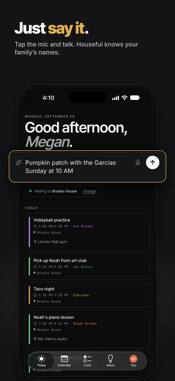 Adding an event to Houseful by speaking a sentence into the quick-add box