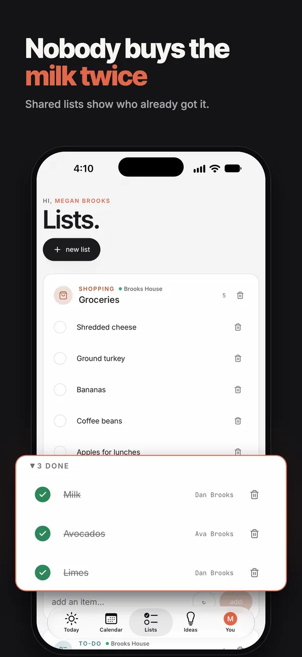 A shared Houseful grocery list showing who checked off each item