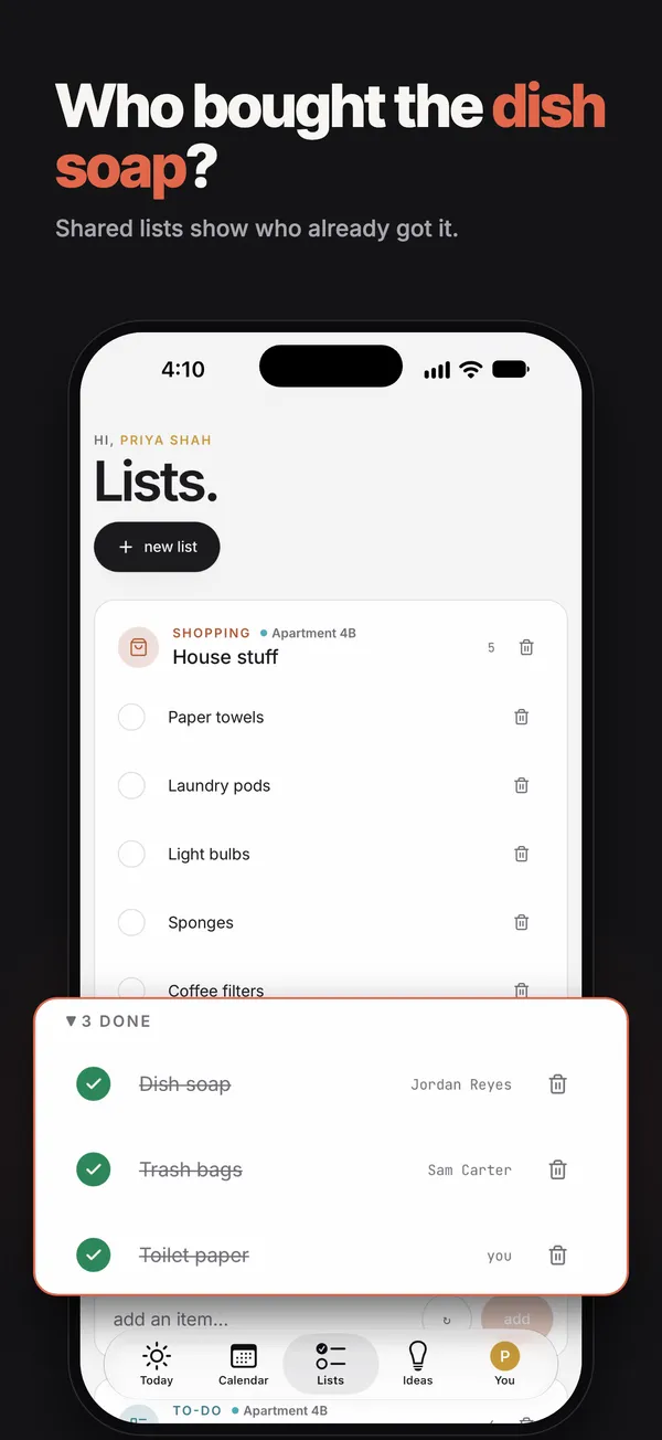 A shared Houseful house list showing which roommate got each item