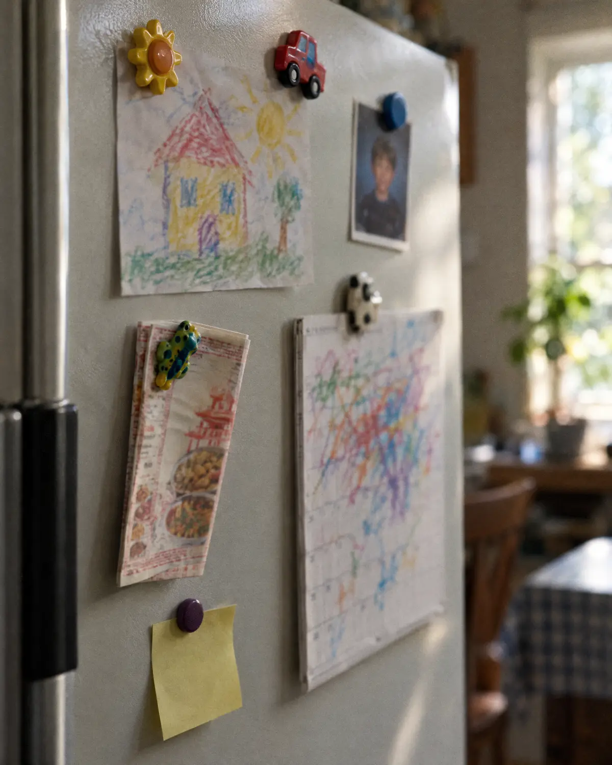 A refrigerator door with a child’s drawing, magnets and papers held up by them.