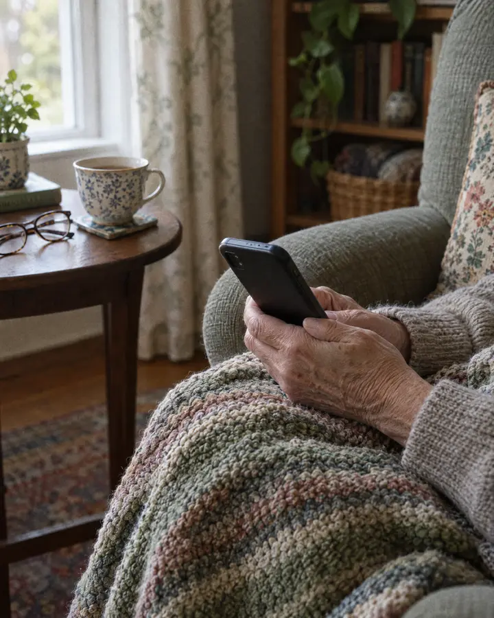 An older woman’s hands holding a phone over a knitted blanket, a cup of tea beside her.