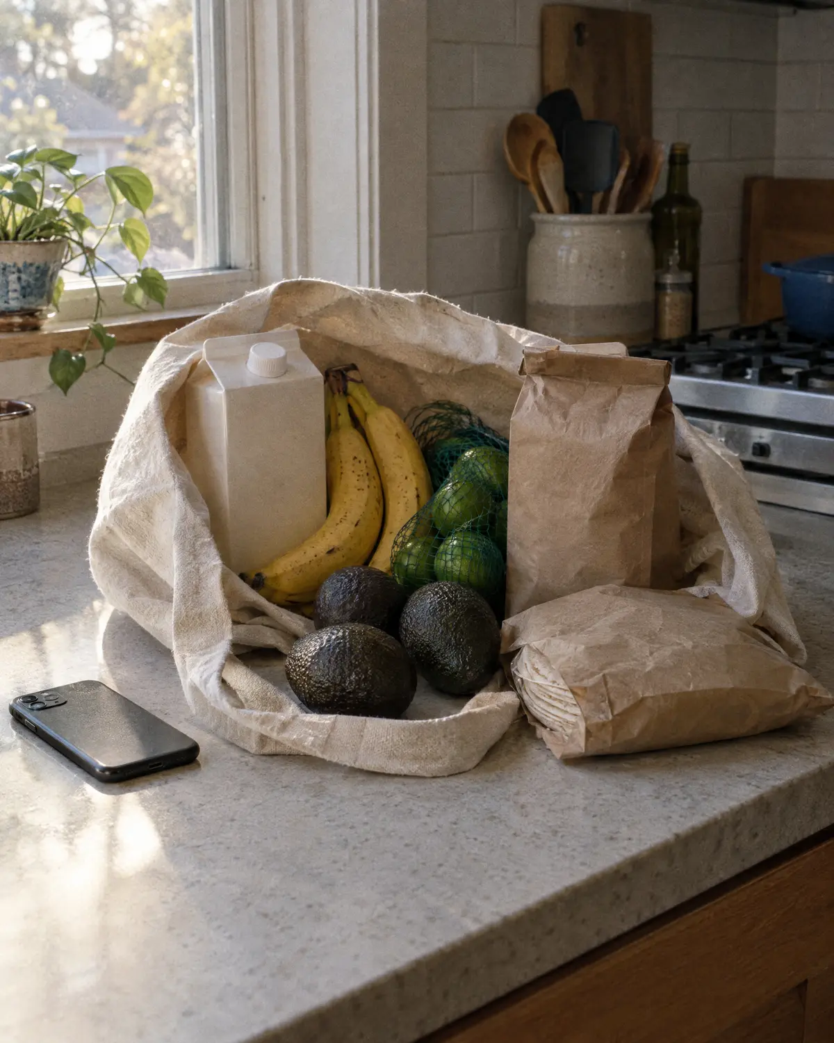 A canvas grocery bag on a kitchen counter, half unpacked: bananas, avocados, limes, coffee.